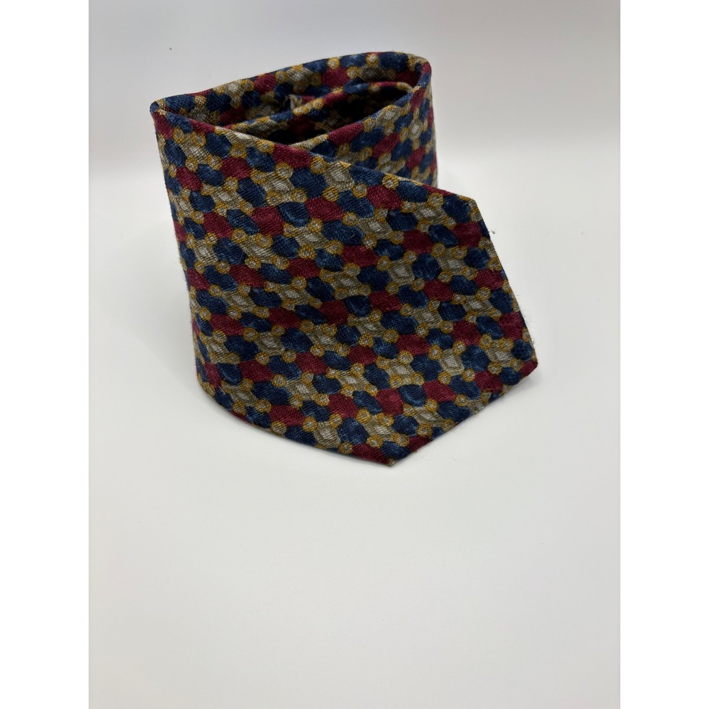 Barneys New York Mens Silk Tie Geometric Diamond Pattern Burgundy Blue Italy